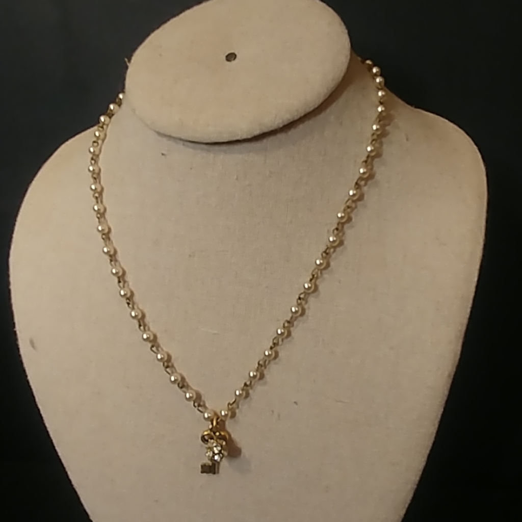 John Wind Pearl Chain Necklace Key Crystal Pendant